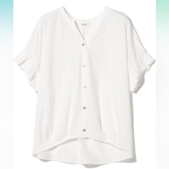 BEAMS Heart - White Button down V neck Short sleeve blouse shirt - Picture 1 of 15
